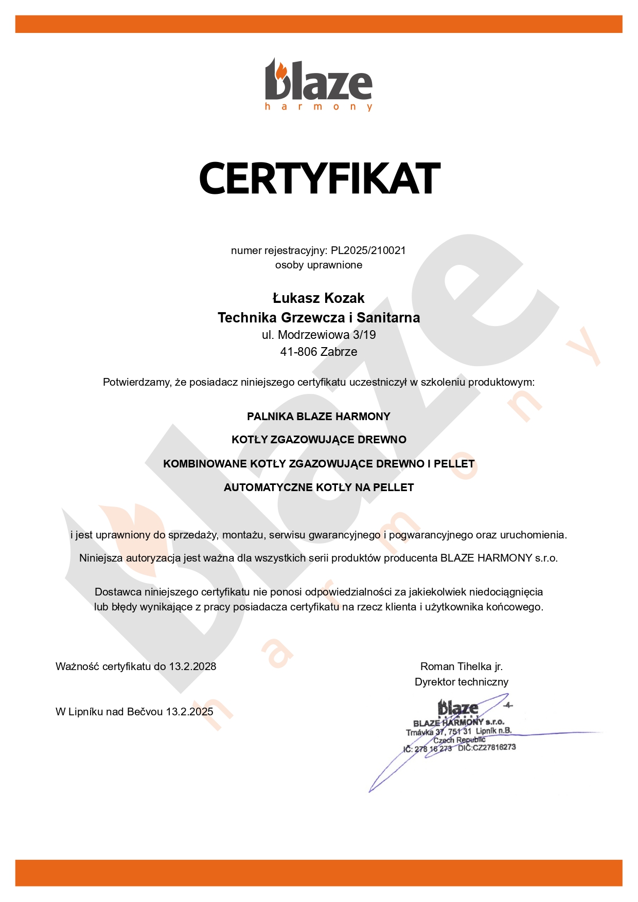 Certyfikat Instalatora Systemów Grzewczych