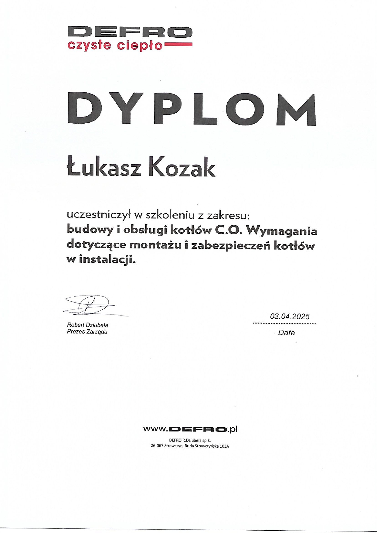 Certyfikat uczestnictwa w szkoleniu