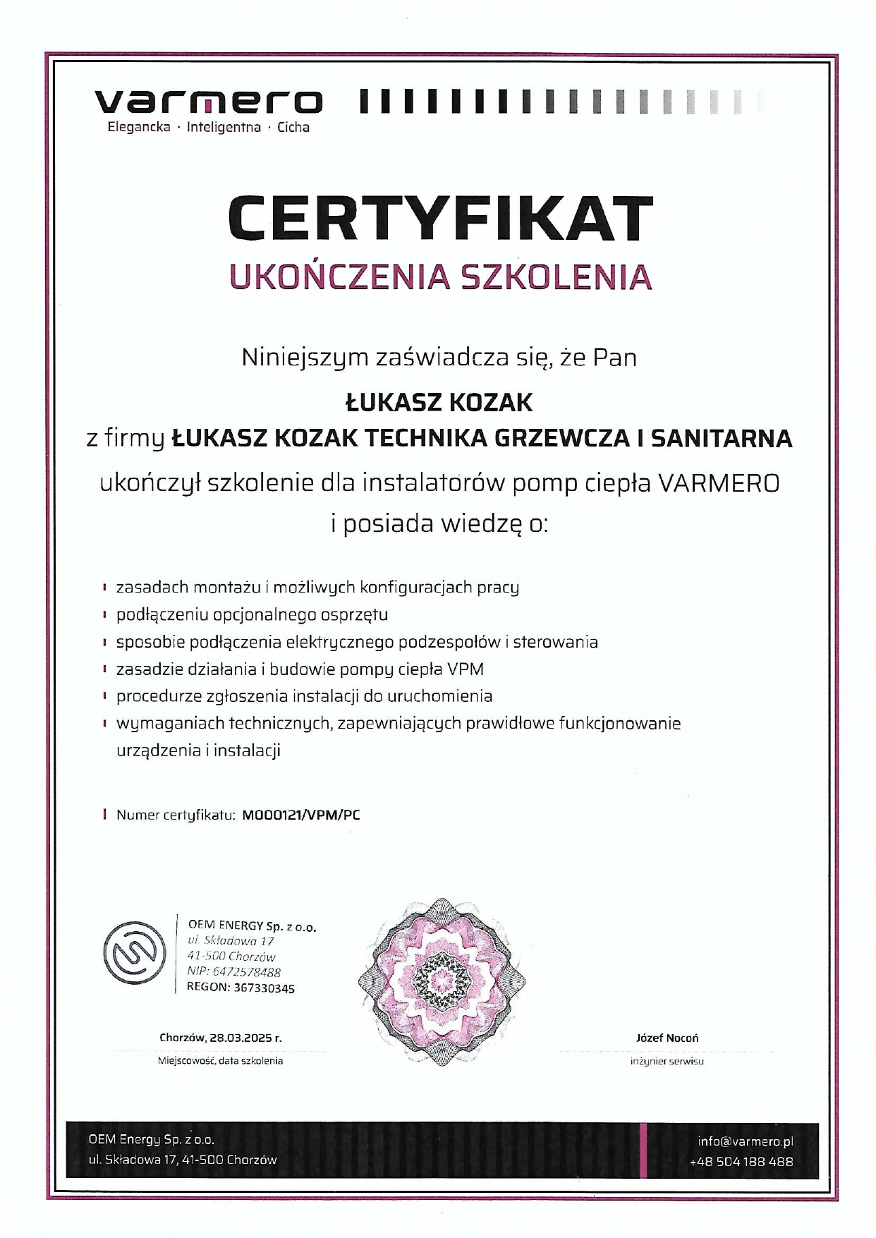 Certyfikat ukończenia szkolenia