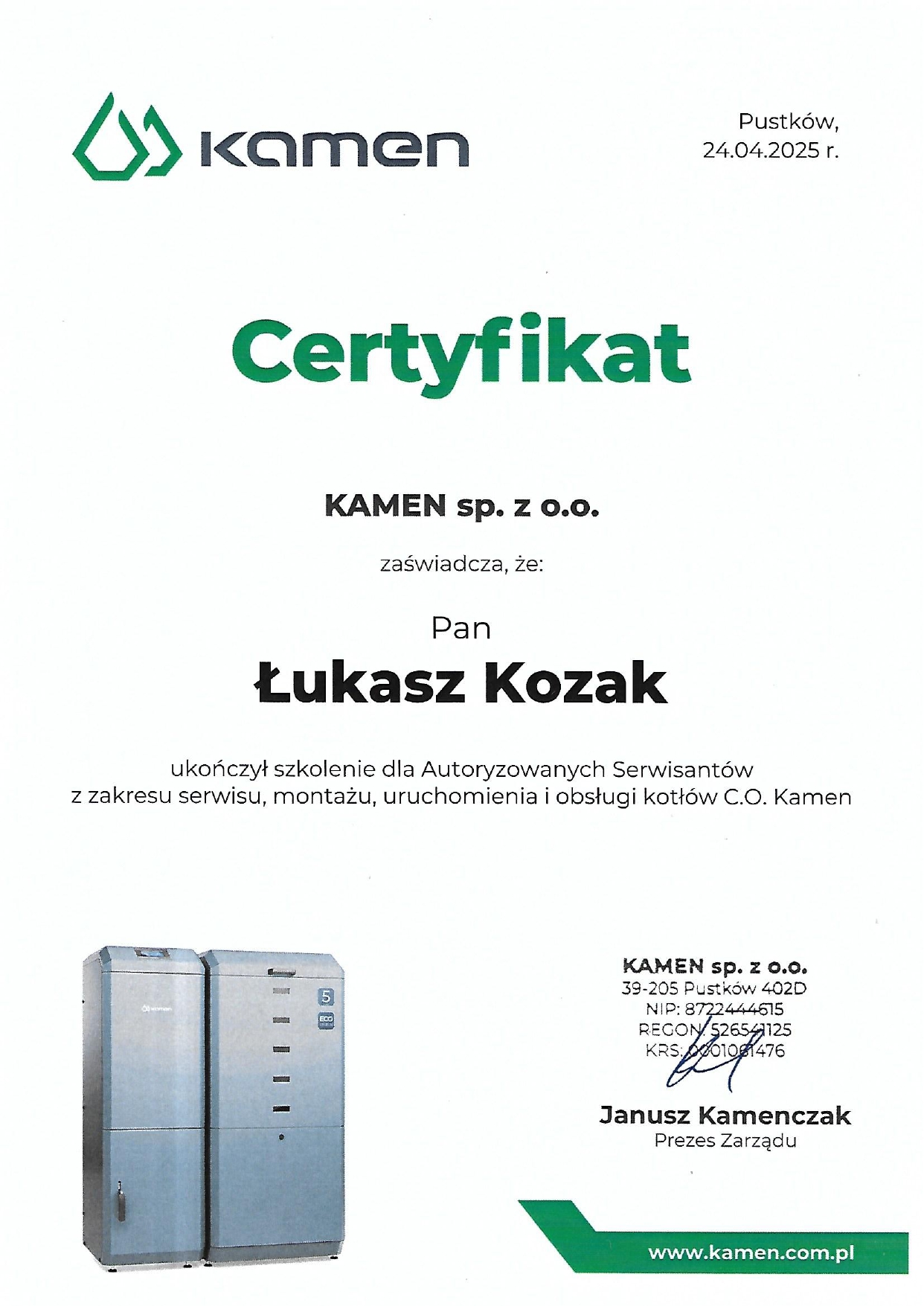 Certyfikat ukończenia szkolenia